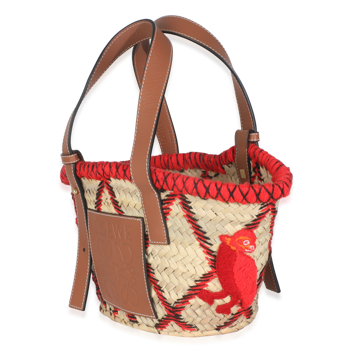 Beige Raffia Red Embroidered Small Anagram Basket