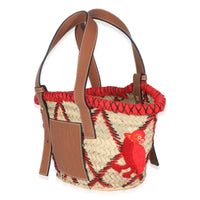 Beige Raffia Red Embroidered Small Anagram Basket