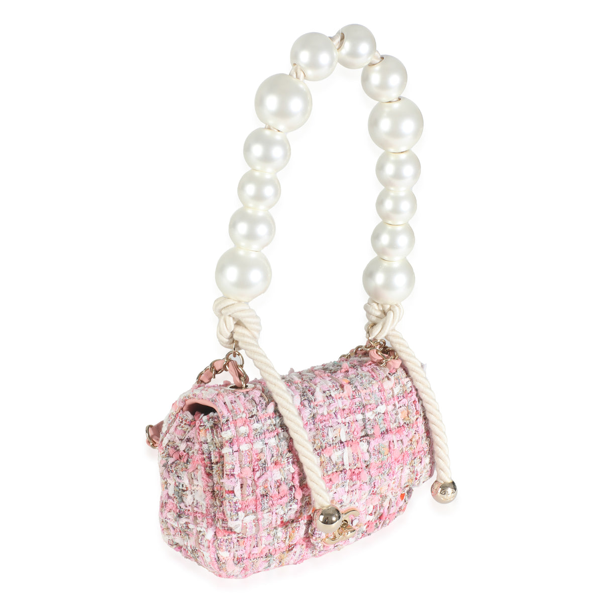 Pink Multicolor Tweed Mini Pearl Handle Flap Bag