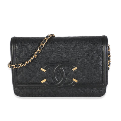 Black Quilted Caviar Filigree Wallet On Chain