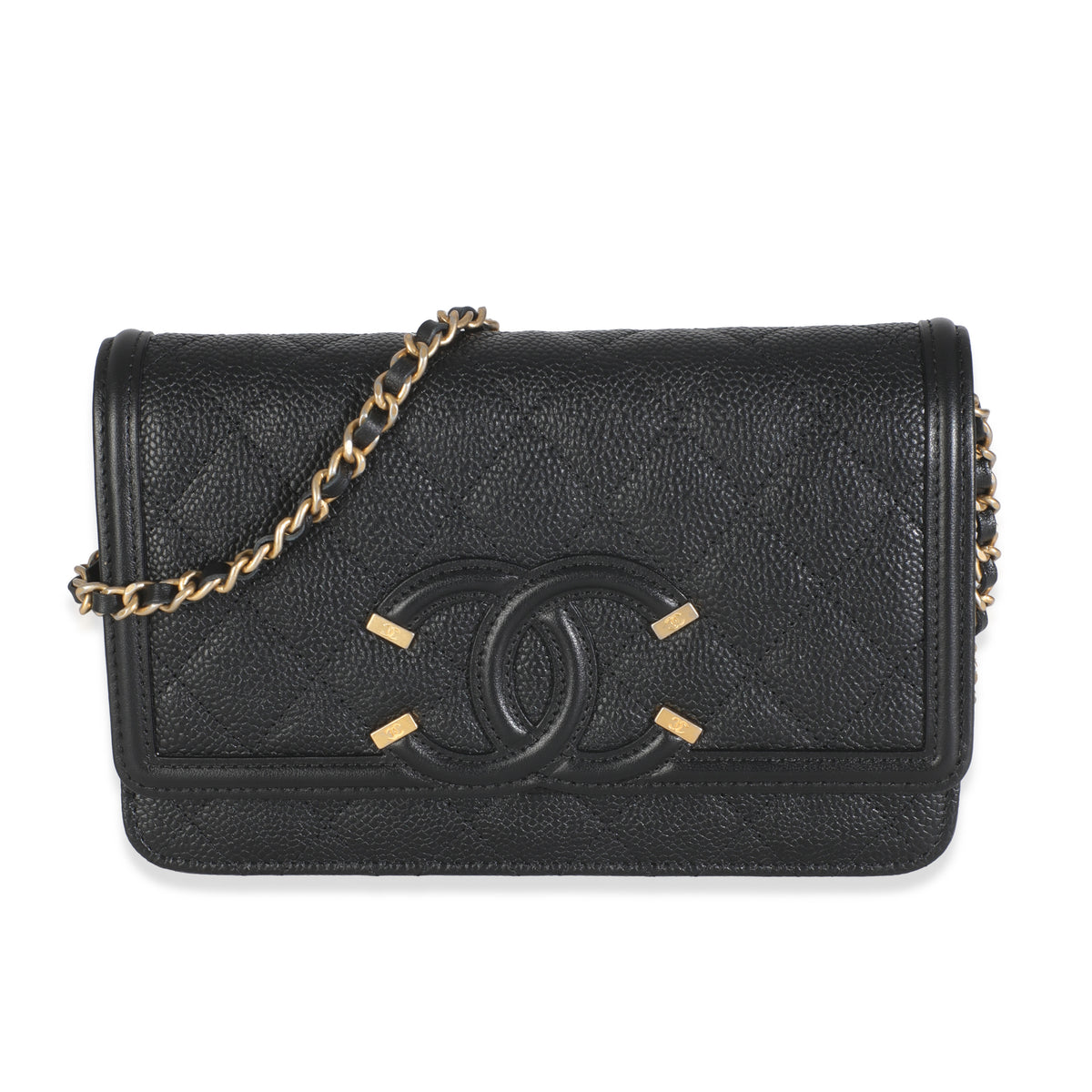 Black Quilted Caviar Filigree Wallet On Chain