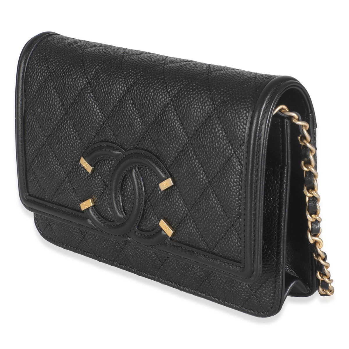 Black Quilted Caviar Filigree Wallet On Chain