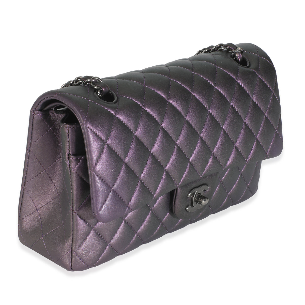 Purple Quilted Iridescent Lambskin Medium Classic Double Flap Bag