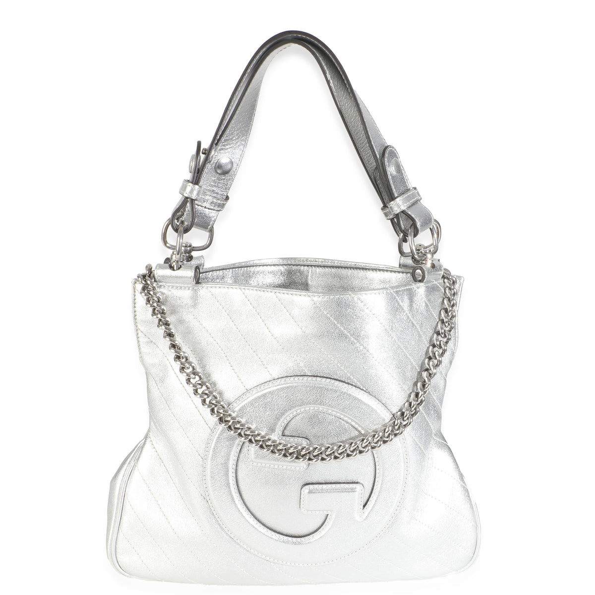 Gucci Silver Metallic Sakai Diagonal Stitched Calfskin Small Blondie Tote Handbag ad1