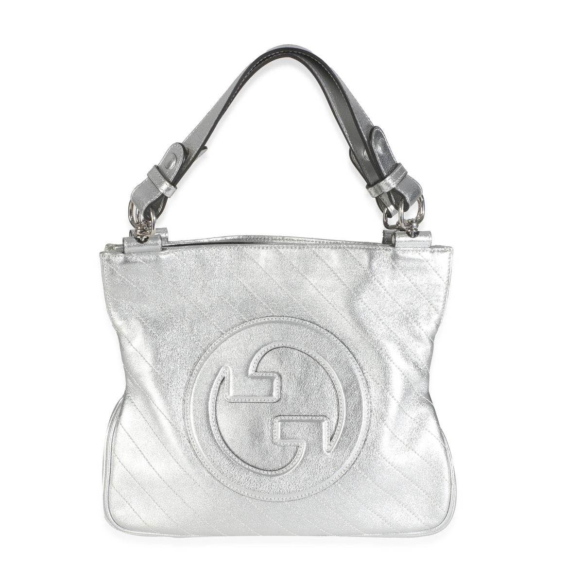 Gucci Silver Metallic Sakai Diagonal Stitched Calfskin Small Blondie Tote Handbag fv