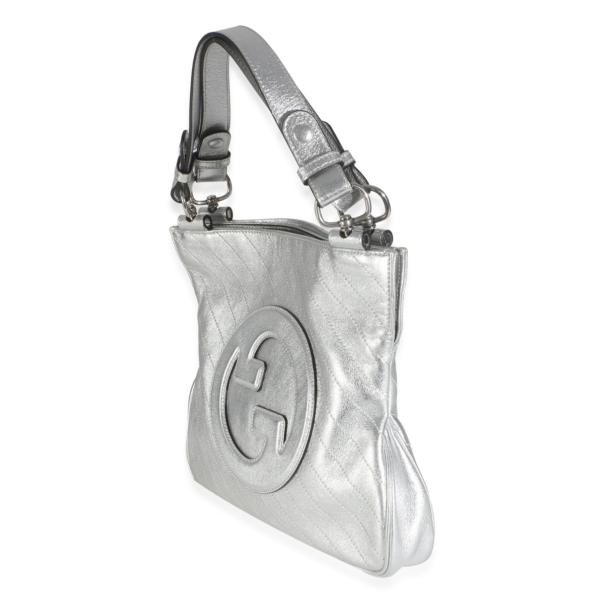Gucci Silver Metallic Sakai Diagonal Stitched Calfskin Small Blondie Tote Handbag sv