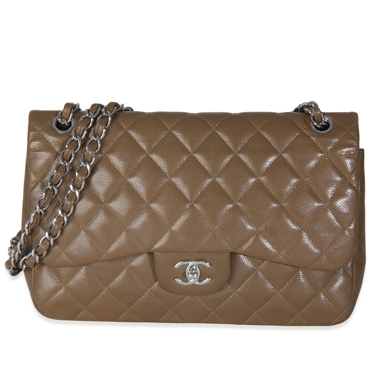 Khaki Quilted Caviar Jumbo Double Flap Handbag