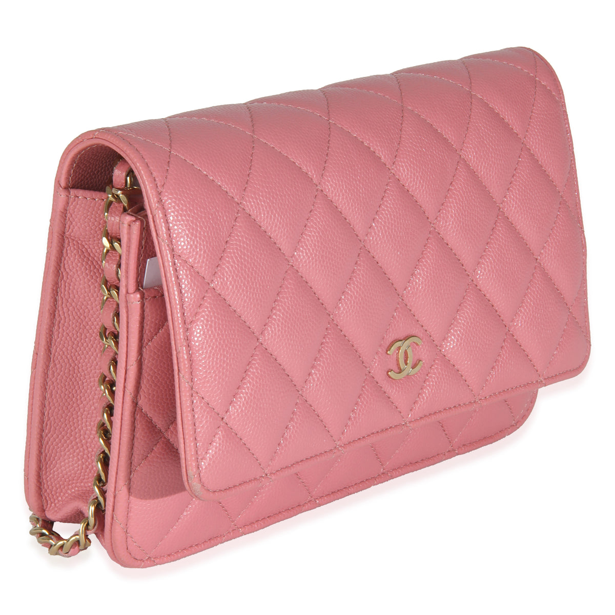 Pink Quilted Caviar Classic Wallet On Chain