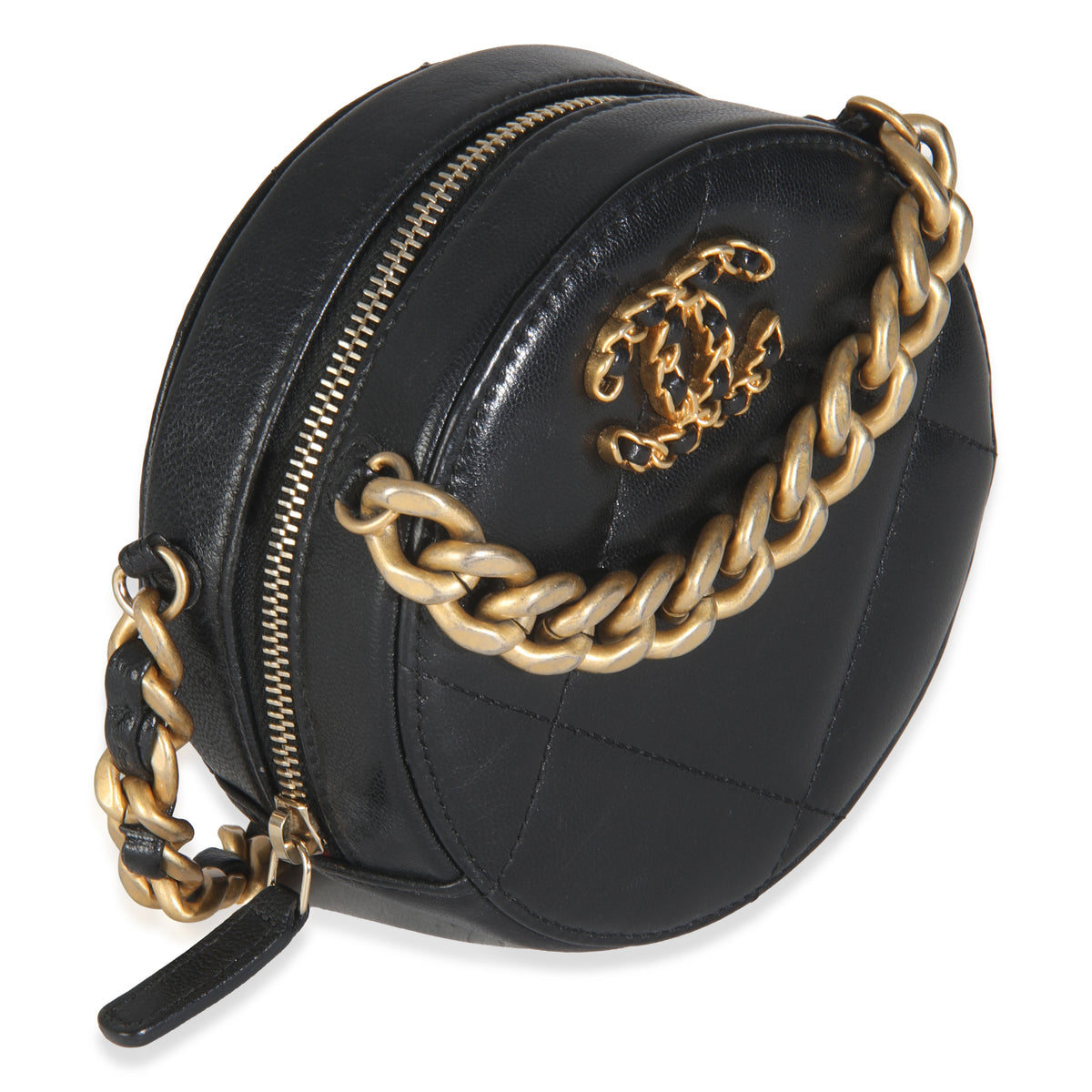 19 Black Quilted Lambskin Round Clutch With Chain