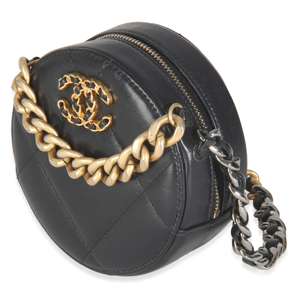 19 Black Quilted Lambskin Round Clutch With Chain