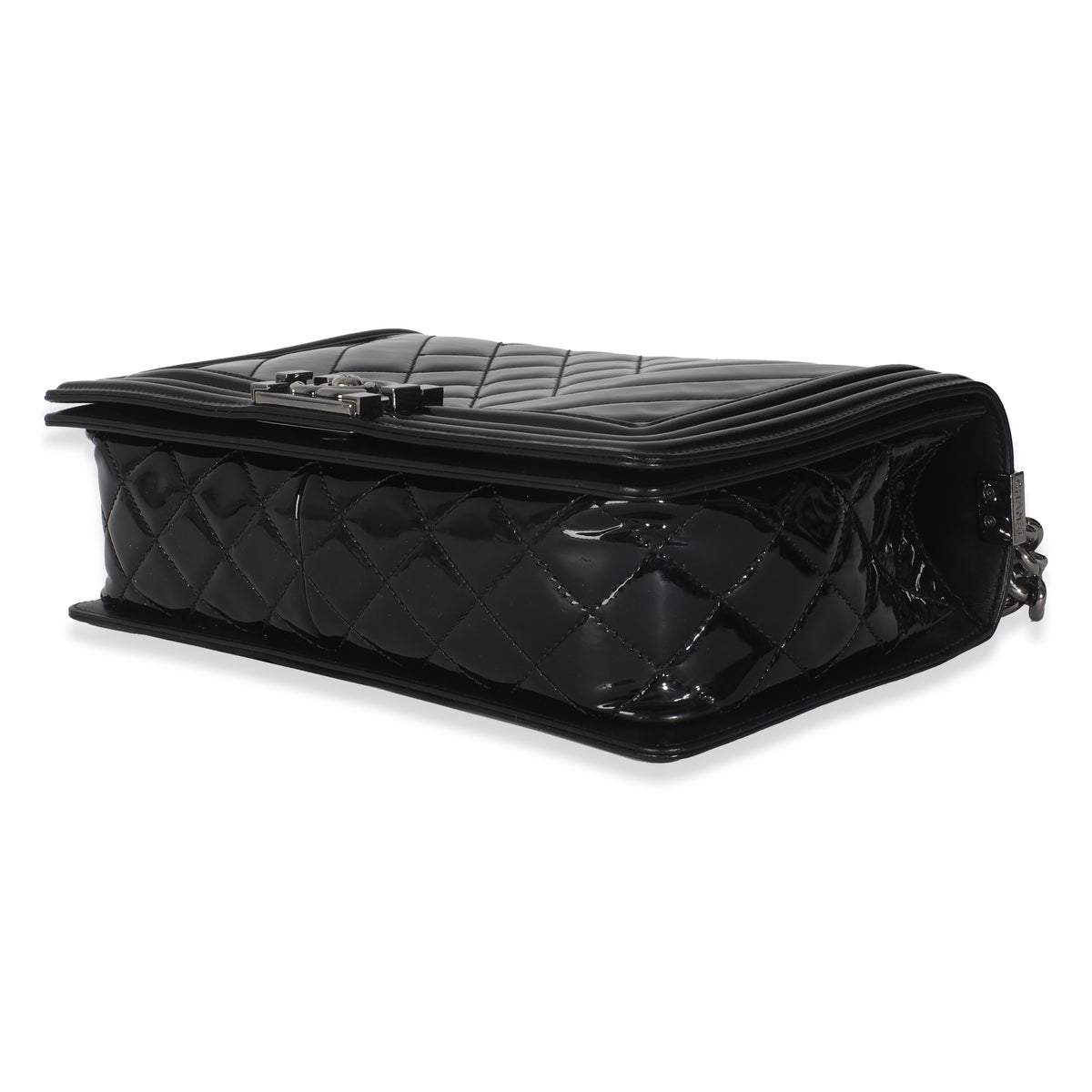 Chanel Black Patent Chevron Old Medium Boy Bag Handbag box