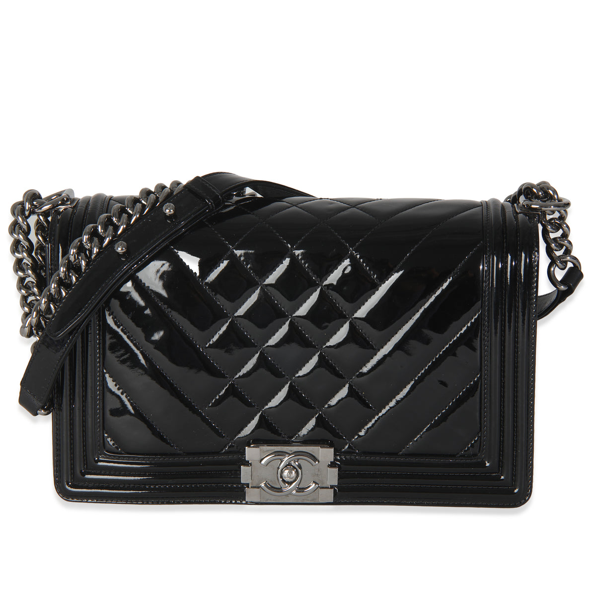 Chanel Black Patent Chevron Old Medium Boy Bag Handbag fv