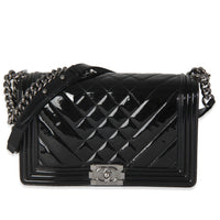 Chanel Black Patent Chevron Old Medium Boy Bag Handbag fv