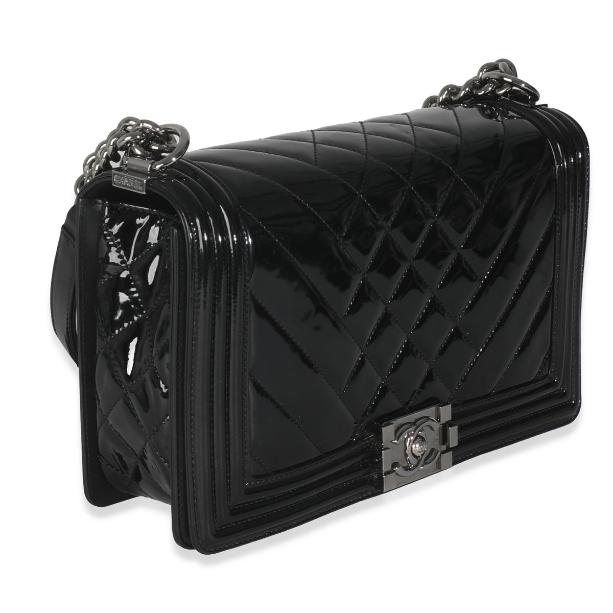 Chanel Black Patent Chevron Old Medium Boy Bag Handbag pv