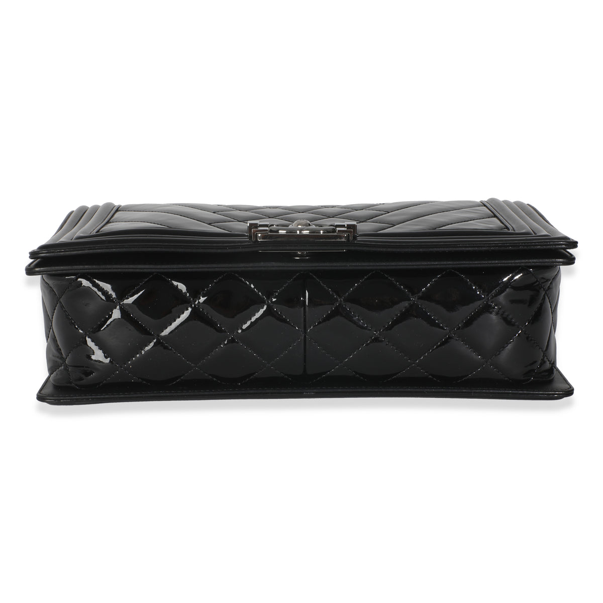 Chanel Black Patent Chevron Old Medium Boy Bag Handbag stamp