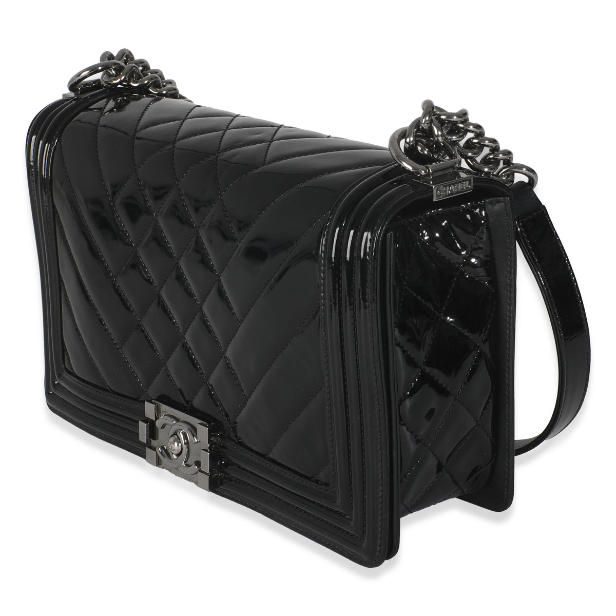 Chanel Black Patent Chevron Old Medium Boy Bag Handbag sv
