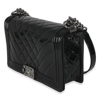 Chanel Black Patent Chevron Old Medium Boy Bag Handbag sv