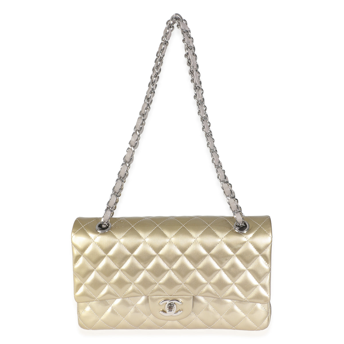 Gold Striated Quilted Patent Medium Classic Double Flap Bag