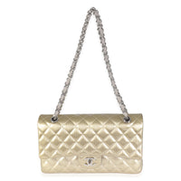 Gold Striated Quilted Patent Medium Classic Double Flap Bag
