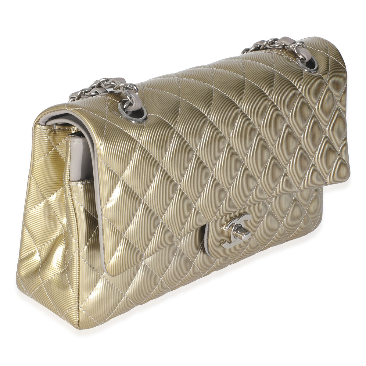 Gold Striated Quilted Patent Medium Classic Double Flap Bag