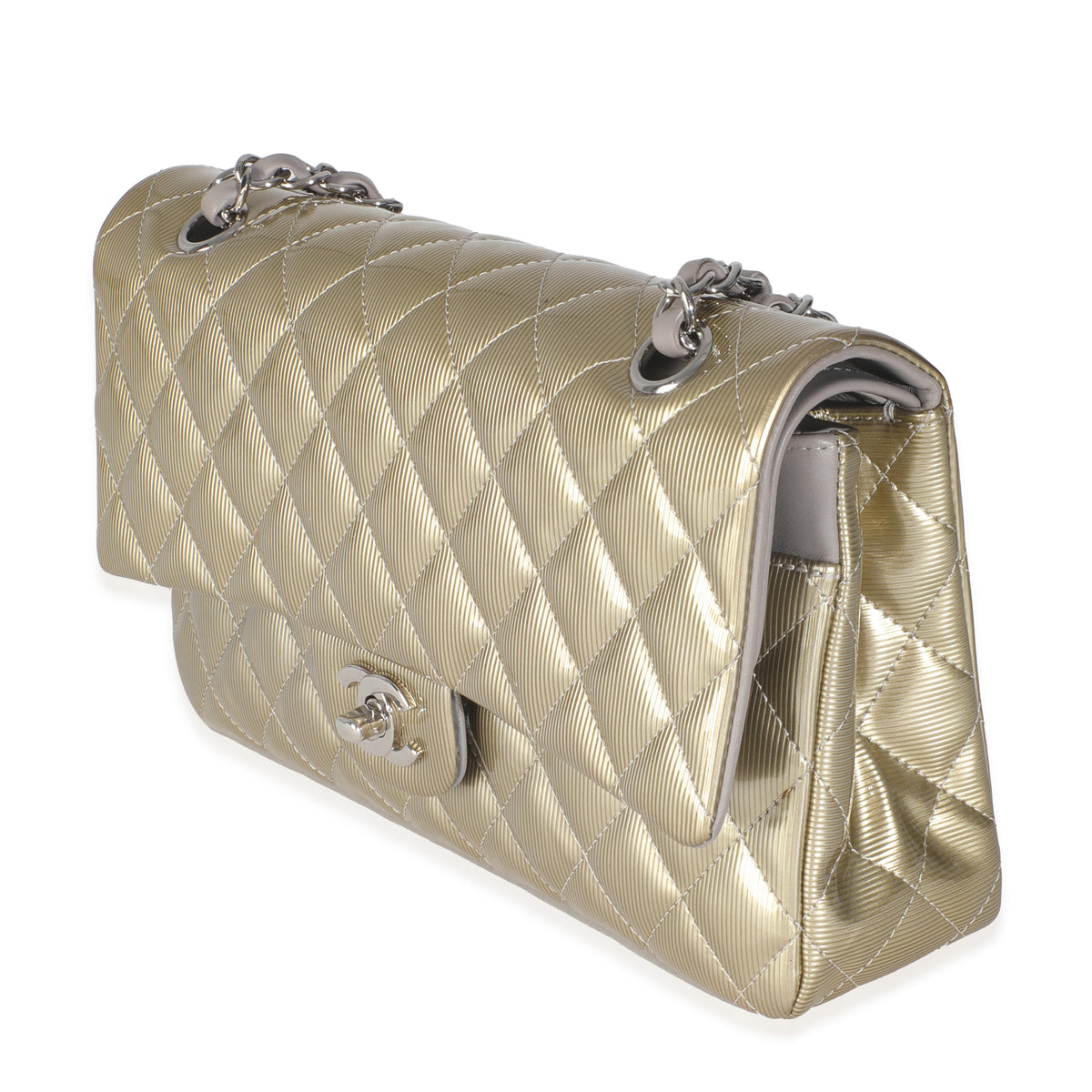 Gold Striated Quilted Patent Medium Classic Double Flap Bag