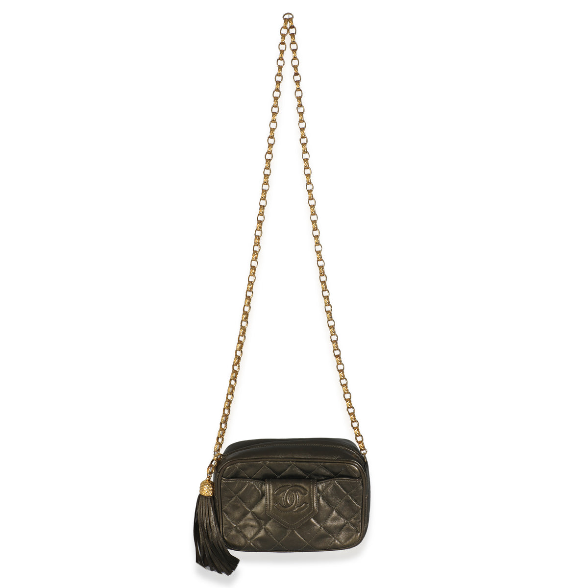 Chanel Vintage Metallic Green Quilted Lambskin Tassel Camera Bag Handbag av