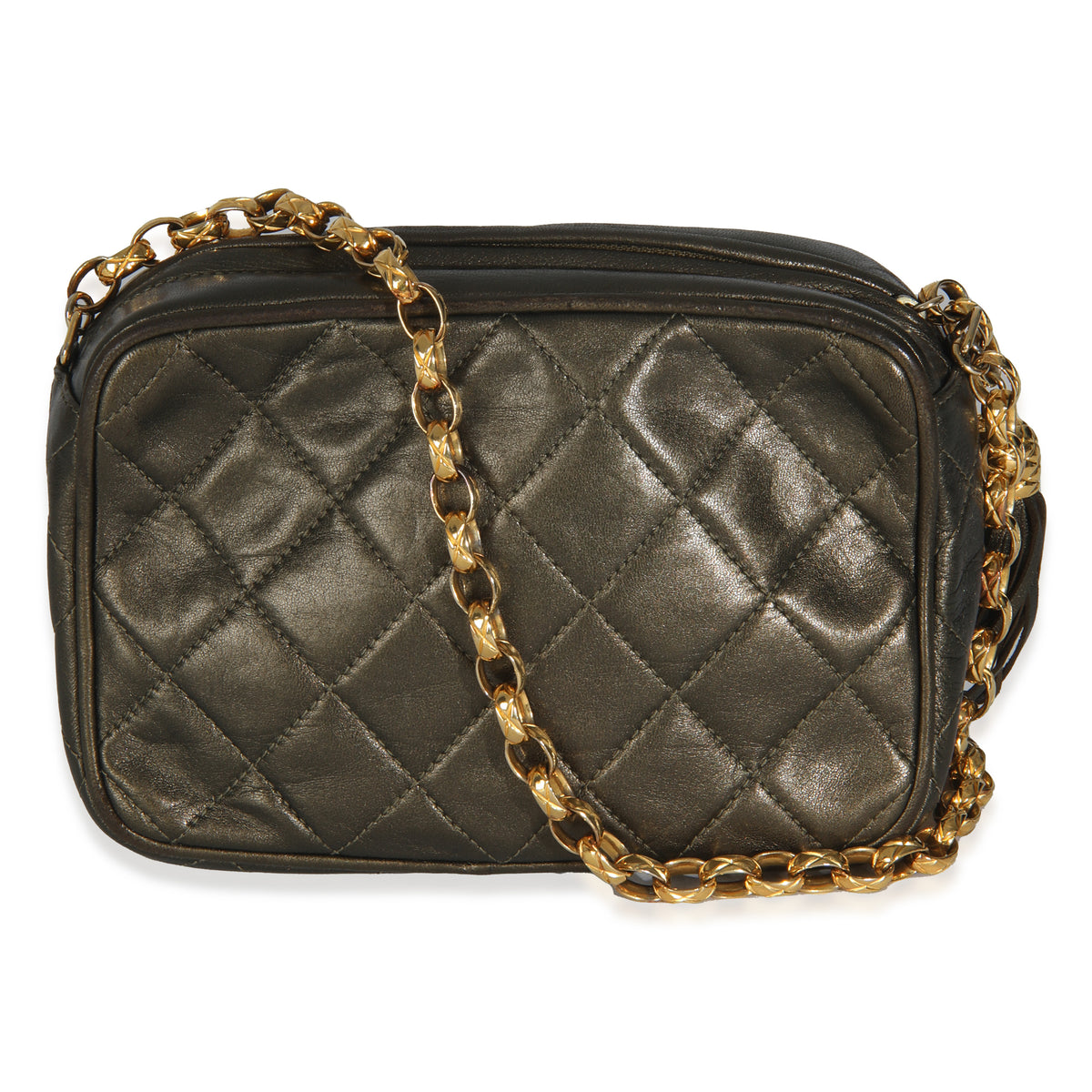 Chanel Vintage Metallic Green Quilted Lambskin Tassel Camera Bag Handbag bv