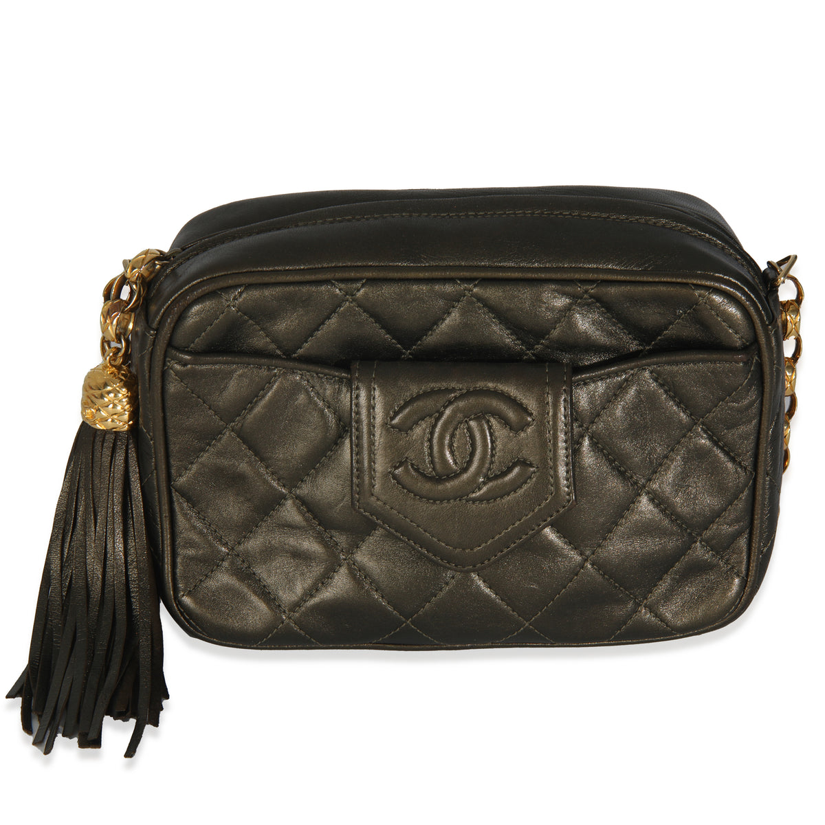 Chanel Vintage Metallic Green Quilted Lambskin Tassel Camera Bag Handbag fv
