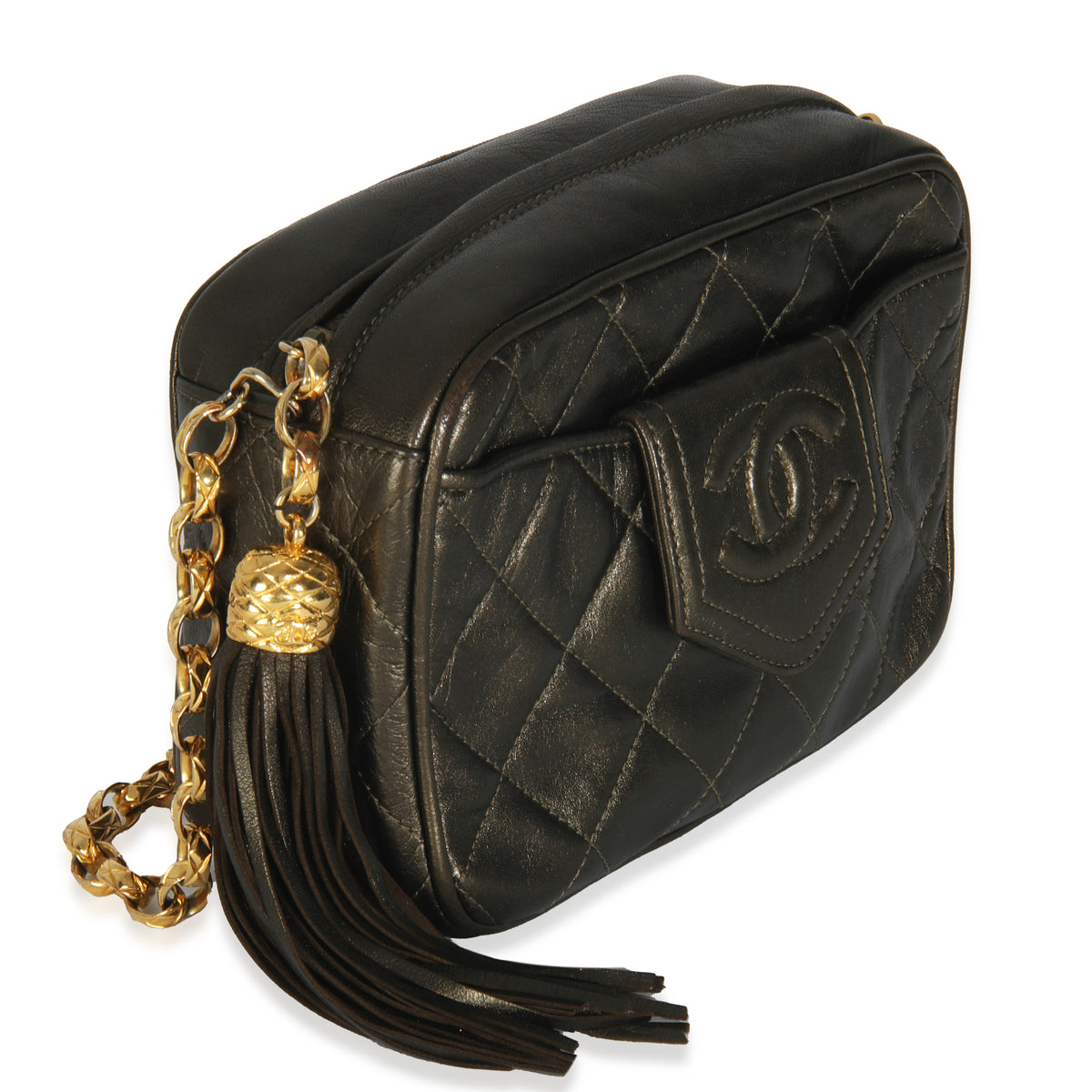 Chanel Vintage Metallic Green Quilted Lambskin Tassel Camera Bag Handbag pv