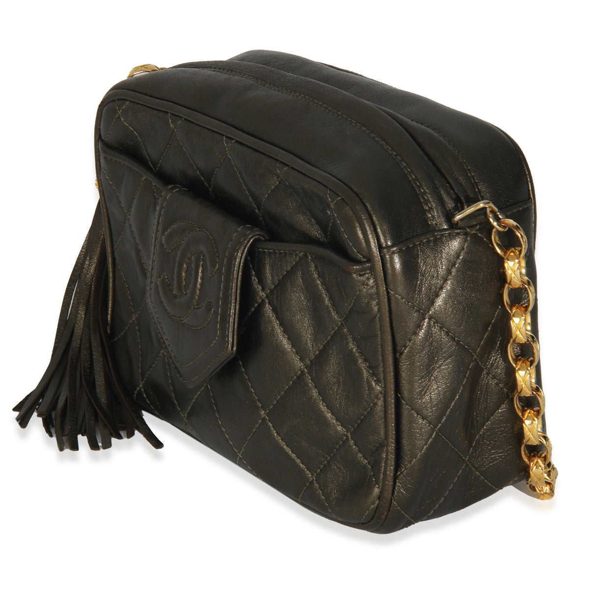Chanel Vintage Metallic Green Quilted Lambskin Tassel Camera Bag Handbag sv