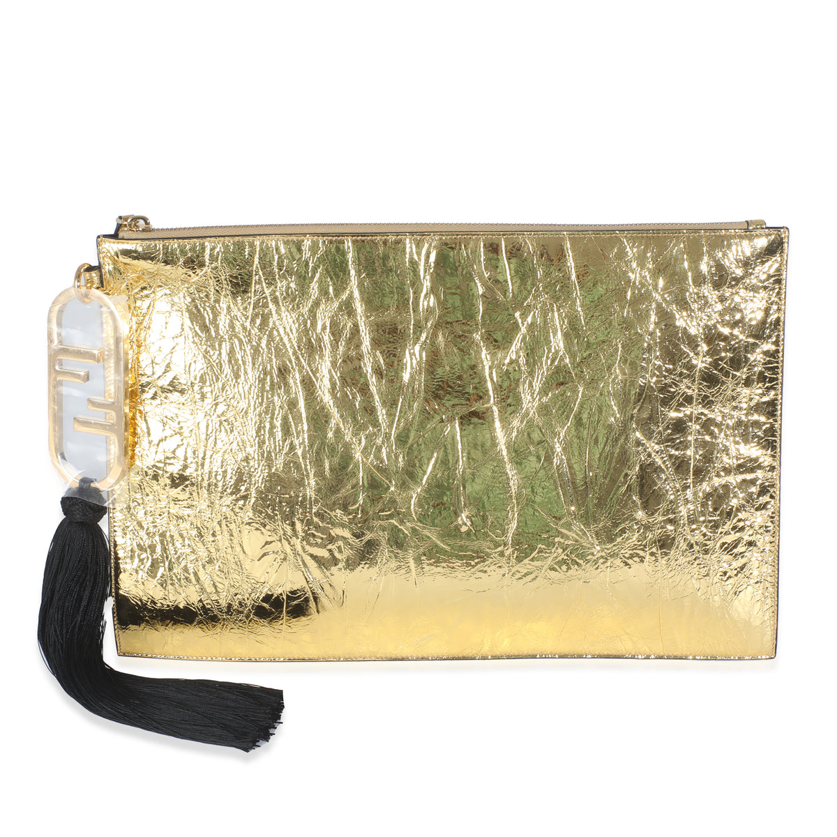 Metallic Gold Leather FF Tassel Clutch