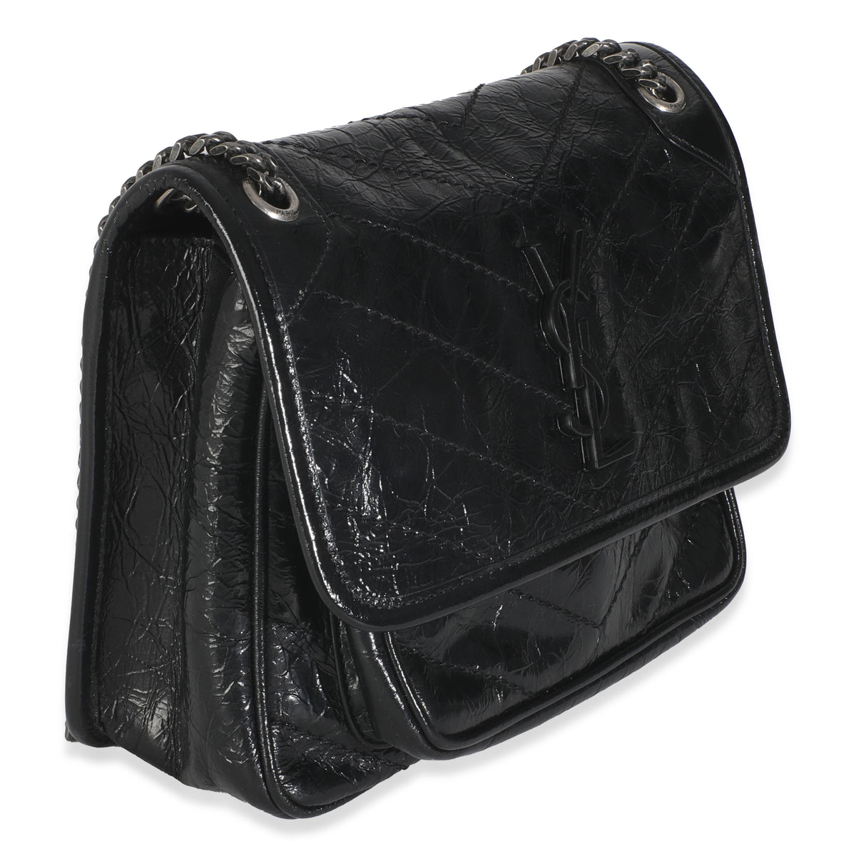 Black Crinkled Calfskin Matelasse Baby Niki Chain Satchel