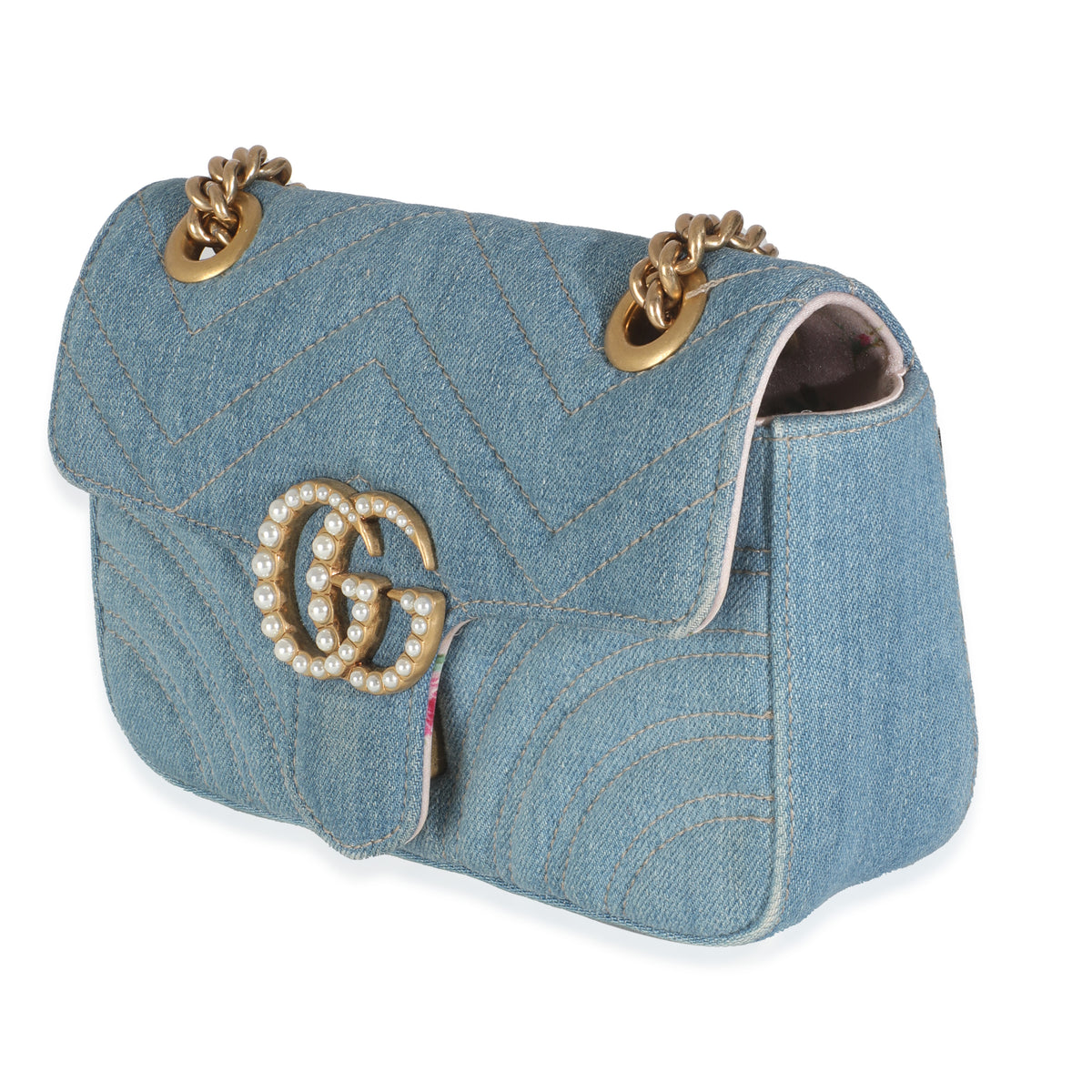 Blue Matelasse Denim GG Marmont Pearly Shoulder Bag