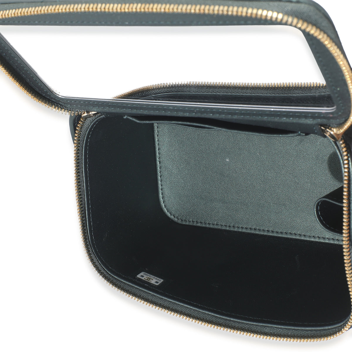 Dark Green Iridescent Quilted Lambskin Top Handle Vanity Case With Chain