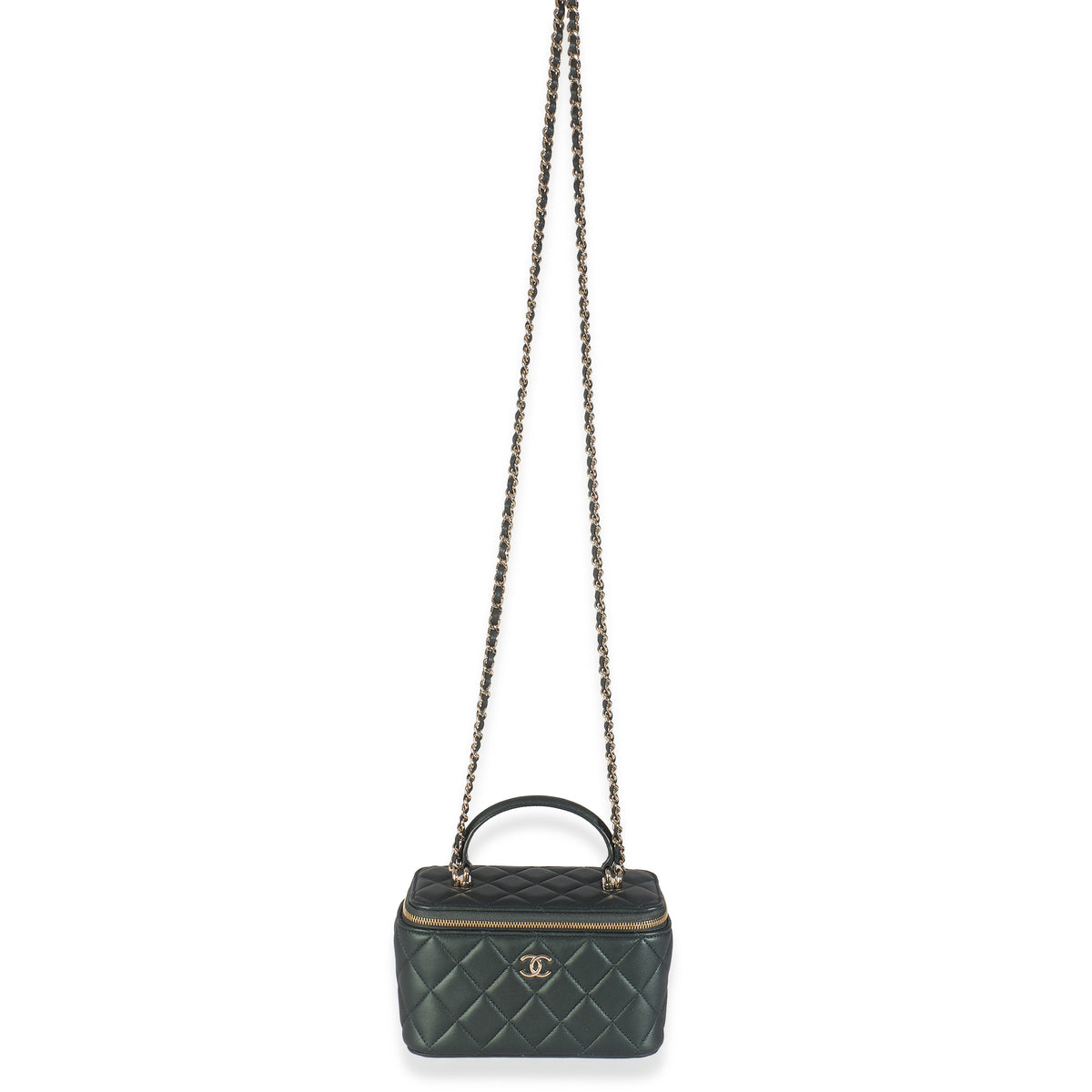 Dark Green Iridescent Quilted Lambskin Top Handle Vanity Case With Chain