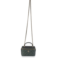 Dark Green Iridescent Quilted Lambskin Top Handle Vanity Case With Chain