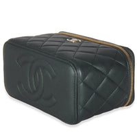Dark Green Iridescent Quilted Lambskin Top Handle Vanity Case With Chain