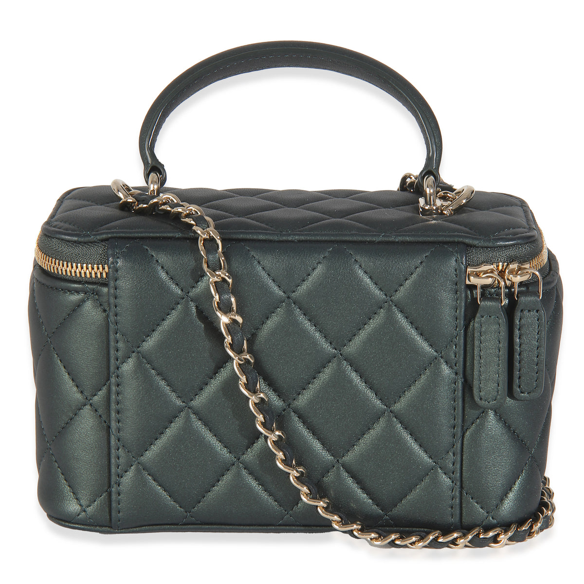 Dark Green Iridescent Quilted Lambskin Top Handle Vanity Case With Chain