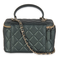 Dark Green Iridescent Quilted Lambskin Top Handle Vanity Case With Chain