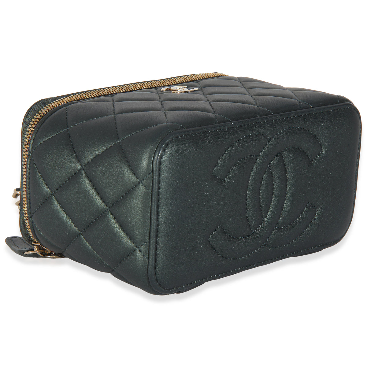 Dark Green Iridescent Quilted Lambskin Top Handle Vanity Case With Chain