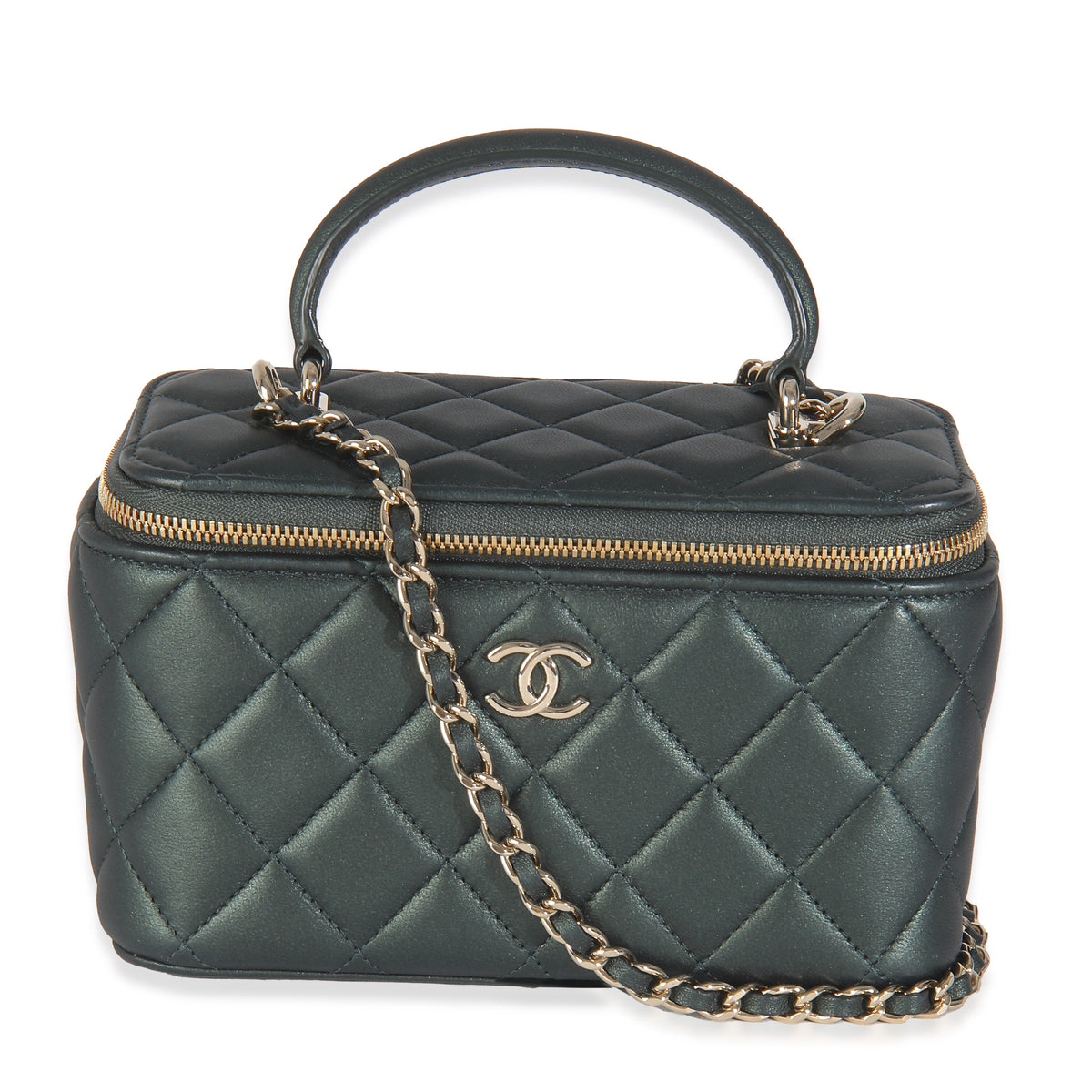 Dark Green Iridescent Quilted Lambskin Top Handle Vanity Case With Chain