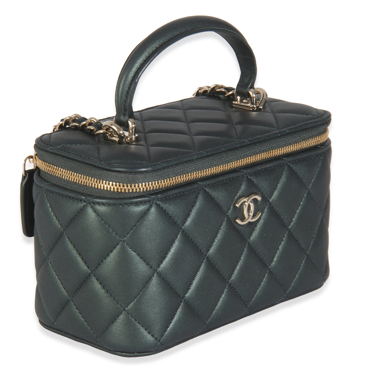 Dark Green Iridescent Quilted Lambskin Top Handle Vanity Case With Chain