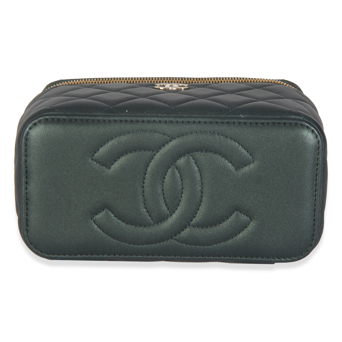 Dark Green Iridescent Quilted Lambskin Top Handle Vanity Case With Chain