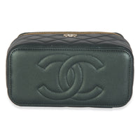 Dark Green Iridescent Quilted Lambskin Top Handle Vanity Case With Chain