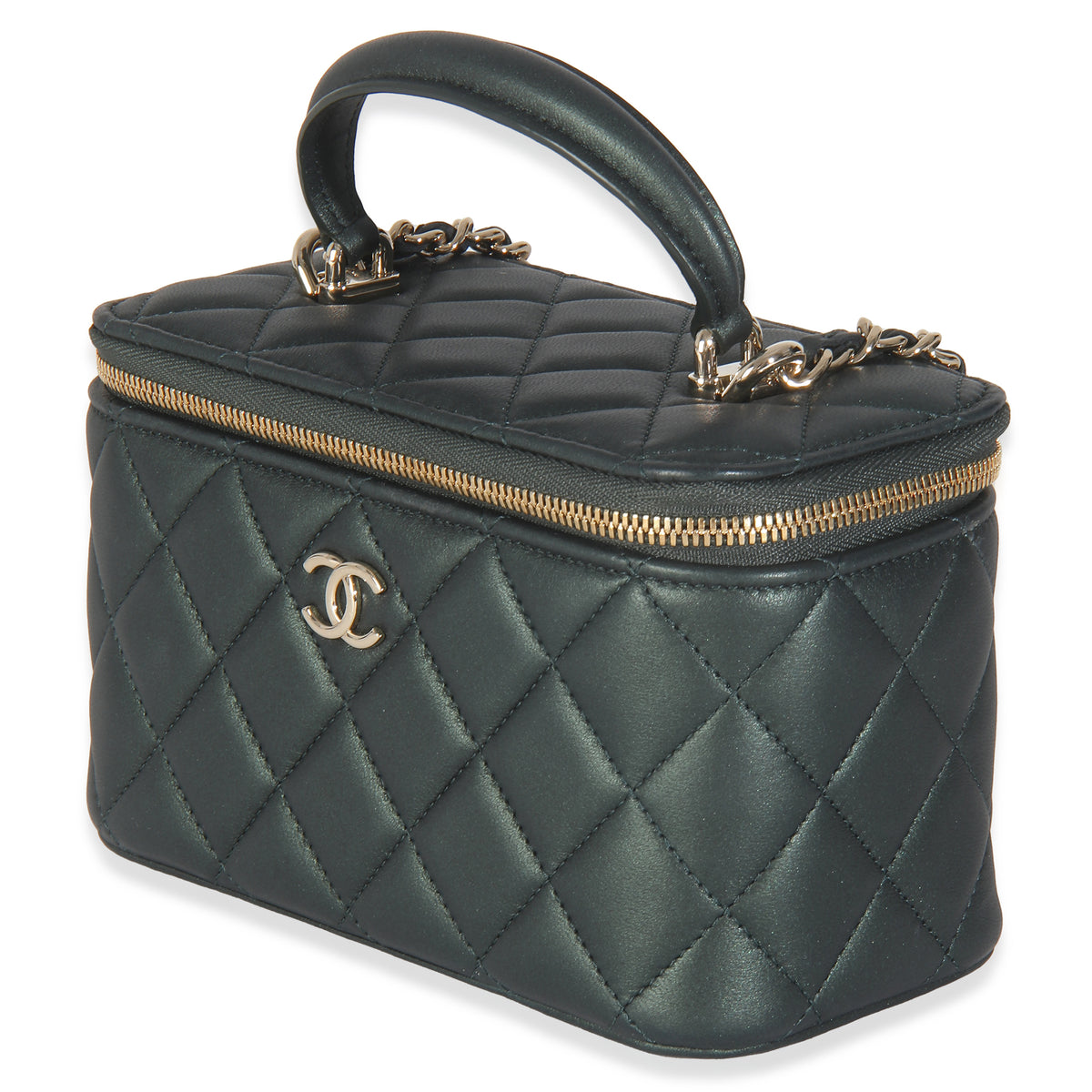 Dark Green Iridescent Quilted Lambskin Top Handle Vanity Case With Chain