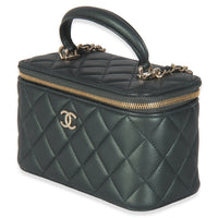 Dark Green Iridescent Quilted Lambskin Top Handle Vanity Case With Chain