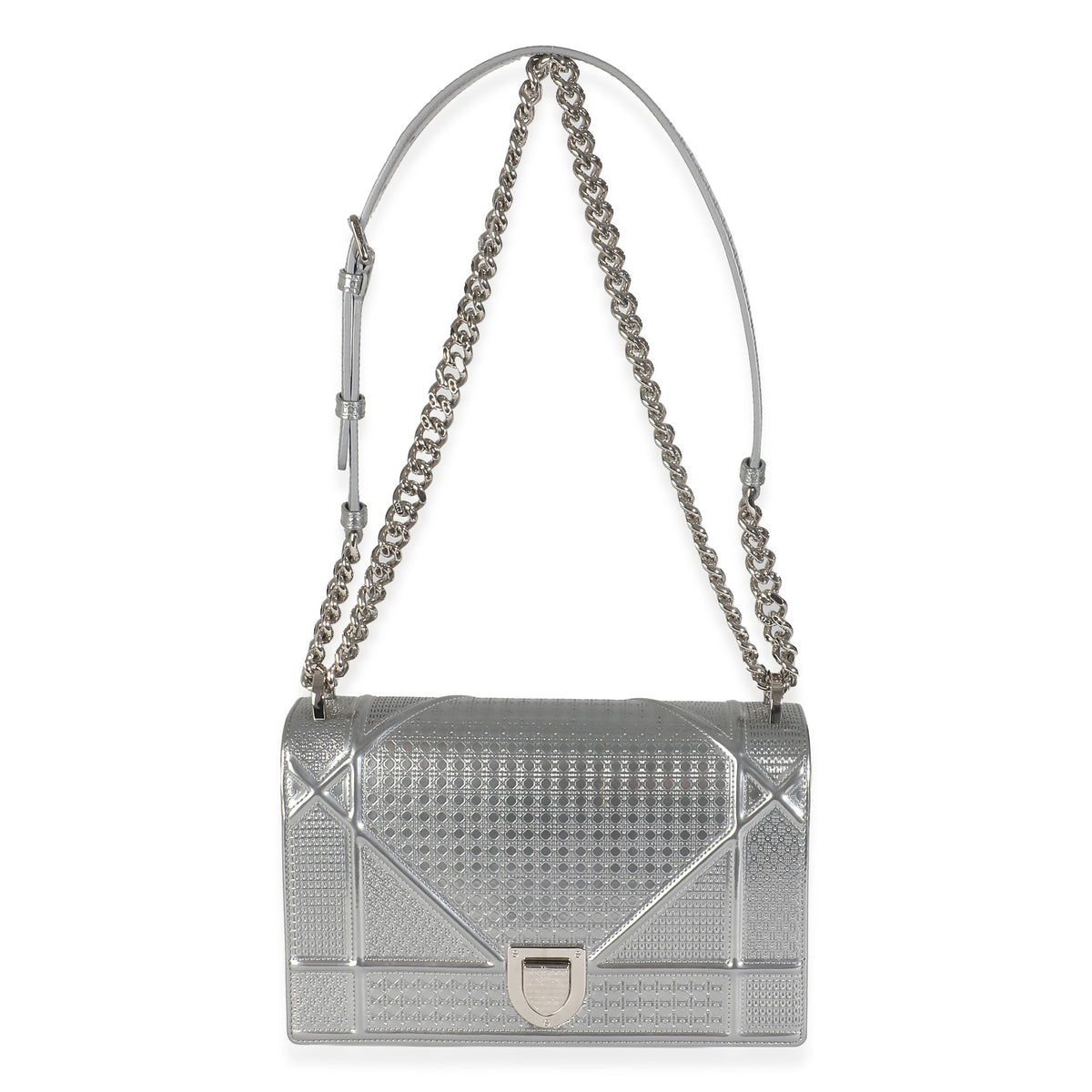 Silver Metallic Micro Cannage Patent Medium Diorama Flap Bag