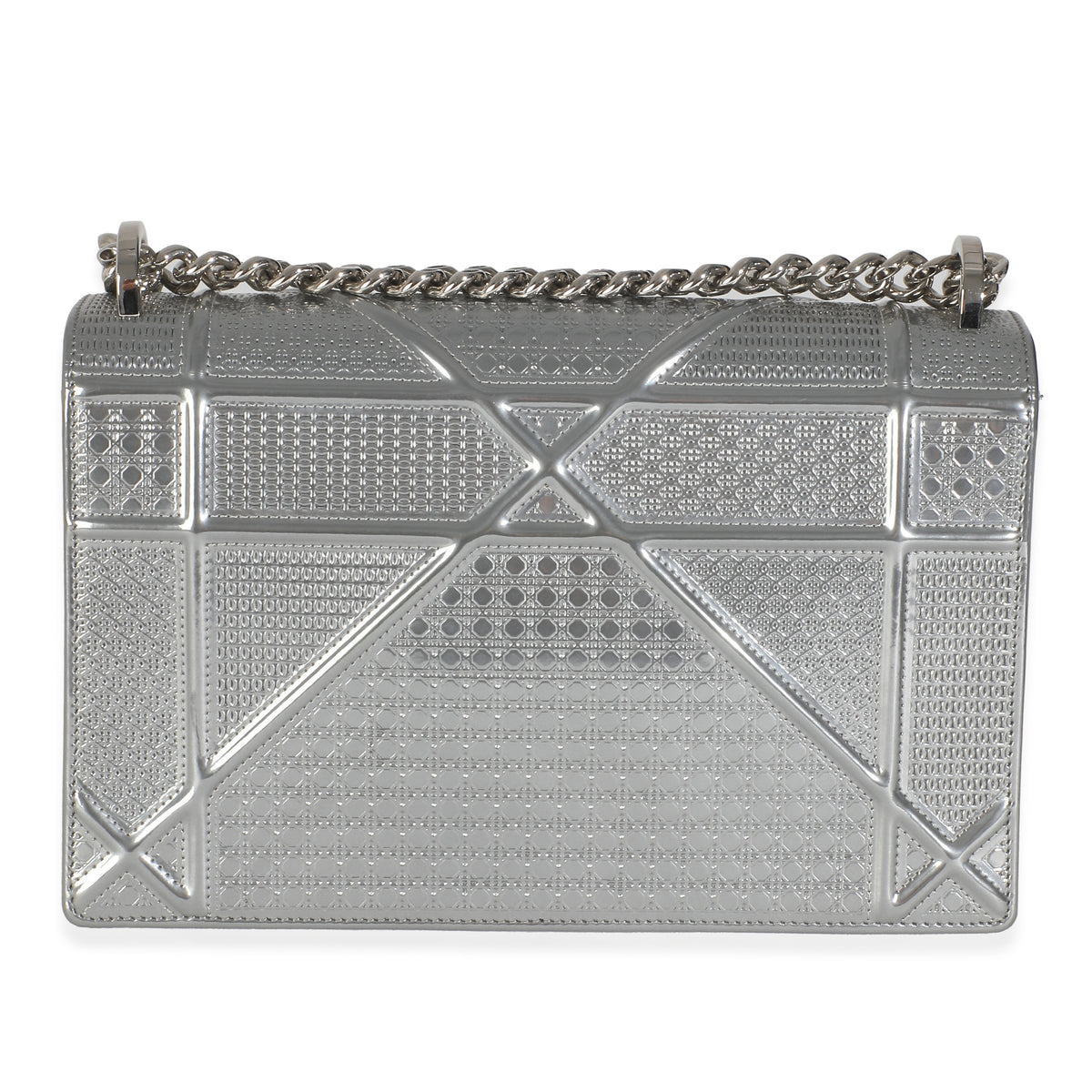 Silver Metallic Micro Cannage Patent Medium Diorama Flap Bag