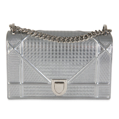 Silver Metallic Micro Cannage Patent Medium Diorama Flap Bag