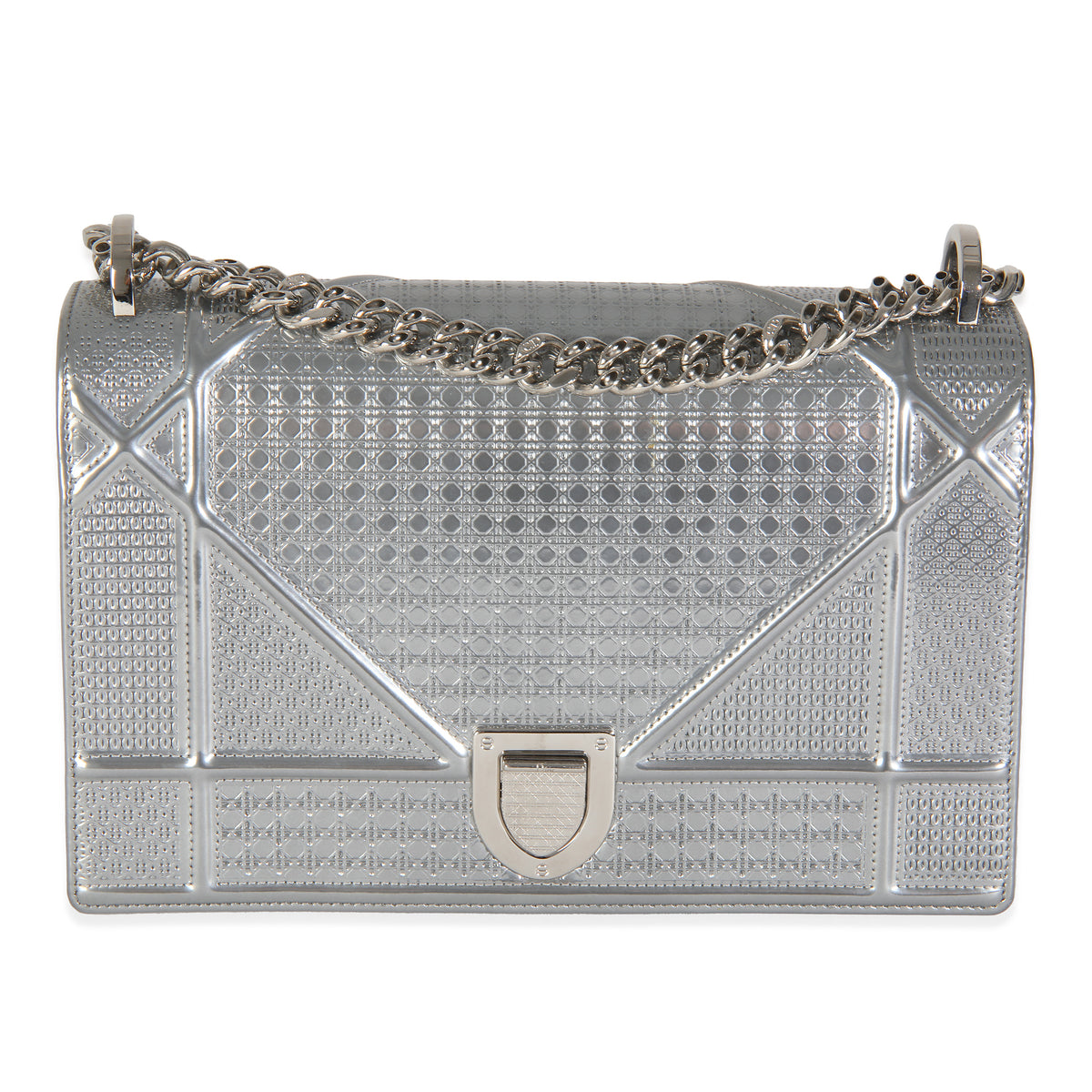 Silver Metallic Micro Cannage Patent Medium Diorama Flap Bag